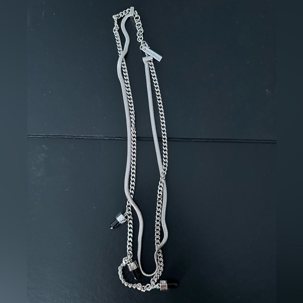 VINCE CAMUTO Double Silver Chain Three Black Stone Pendants Necklace